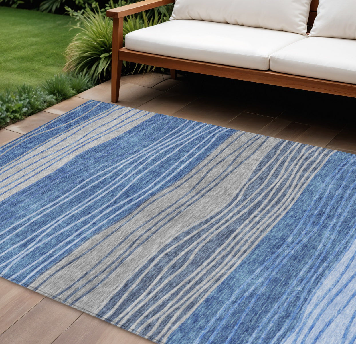9' X 12' Navy Blue And Gray Striped Washable Indoor Outdoor Area Rug