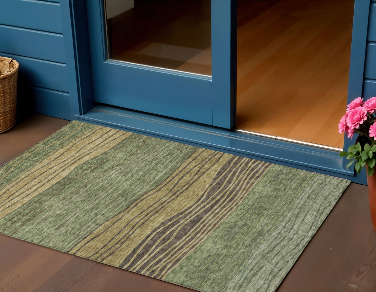 3' X 5' Olive Green And Chocolate Striped Washable Indoor Outdoor Area Rug