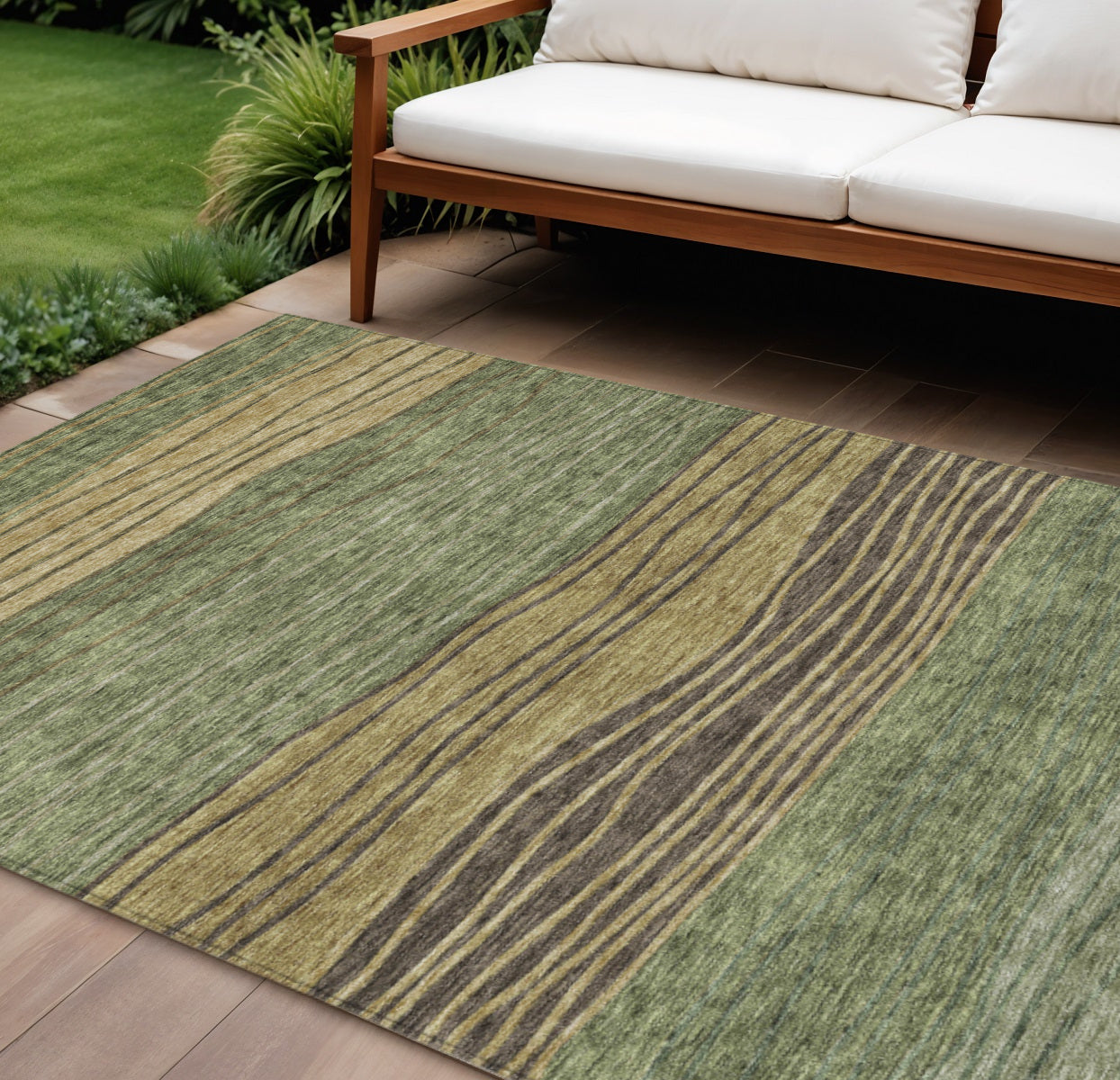 9' X 12' Olive Green And Chocolate Striped Washable Indoor Outdoor Area Rug