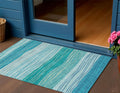 3' X 5' Sky Blue Teal Blue And Aqua Striped Washable Indoor Outdoor Area Rug