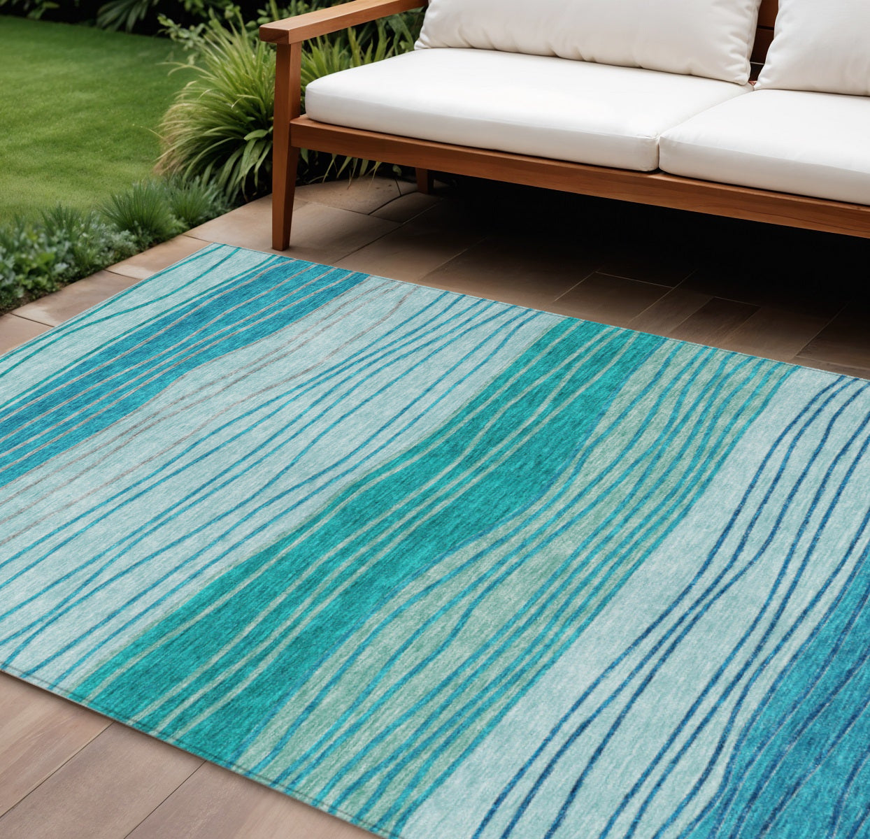 9' X 12' Sky Blue Teal Blue And Aqua Striped Washable Indoor Outdoor Area Rug