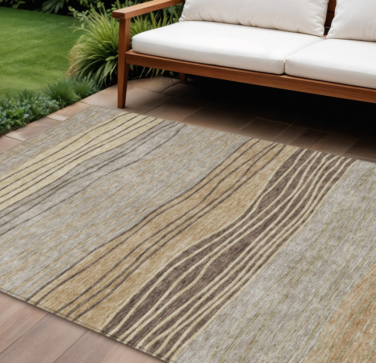 9' X 12' Taupe Brown And Beige Striped Washable Indoor Outdoor Area Rug