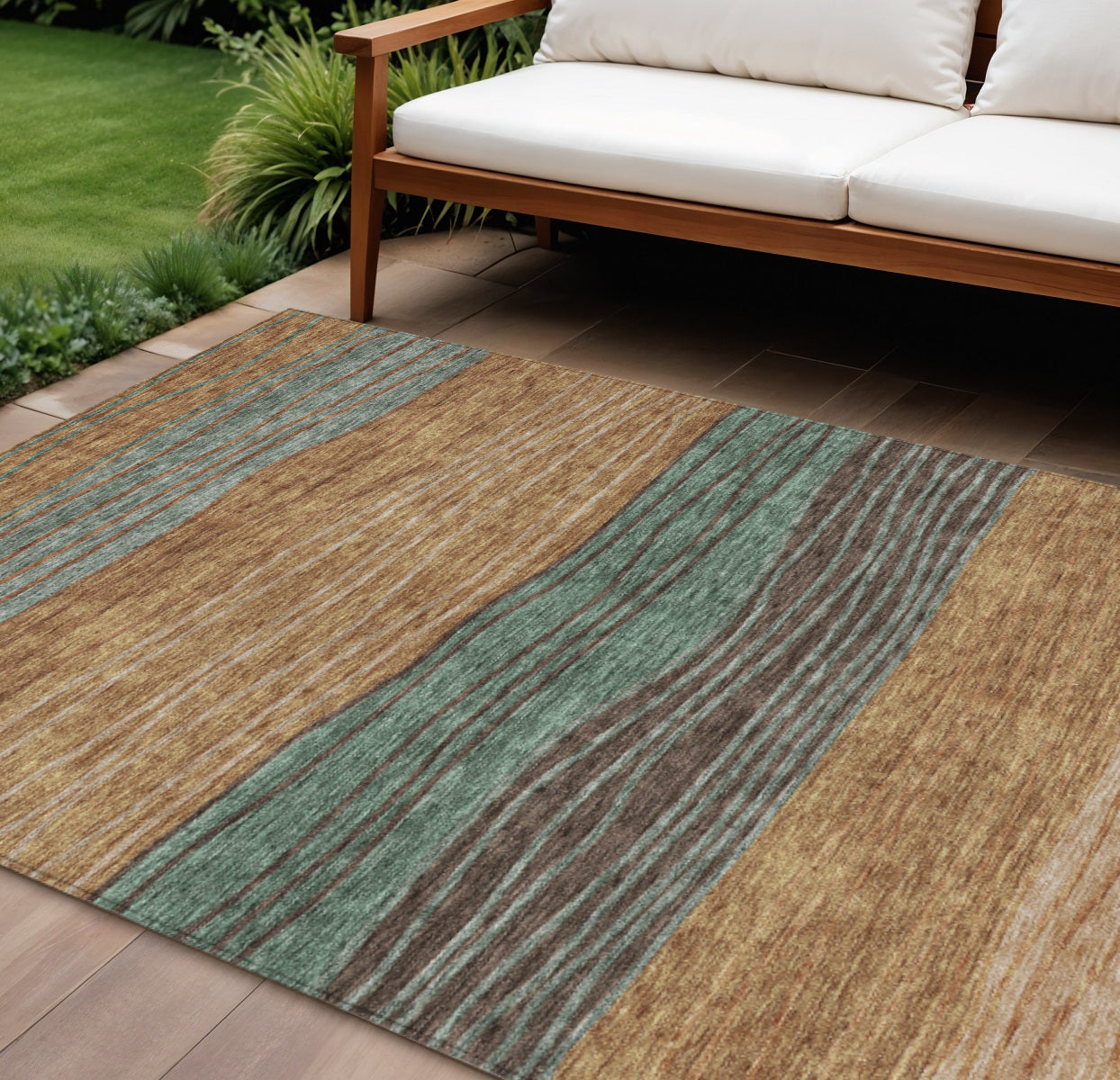 9' X 12' Terra Cotta Copper And Beige Striped Washable Indoor Outdoor Area Rug