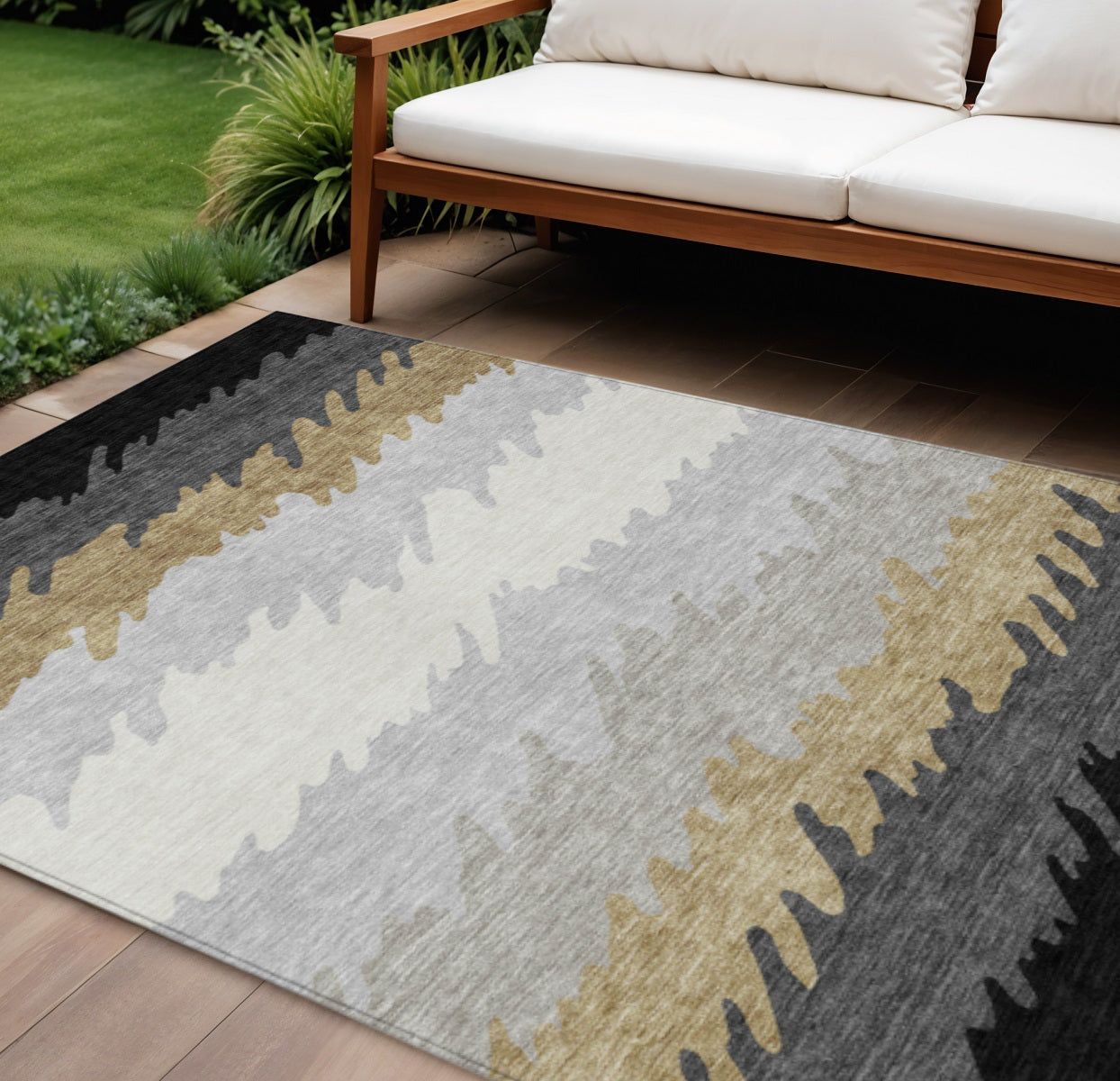 10' X 14' Black Charcoal And Silver Striped Washable Indoor Outdoor Area Rug