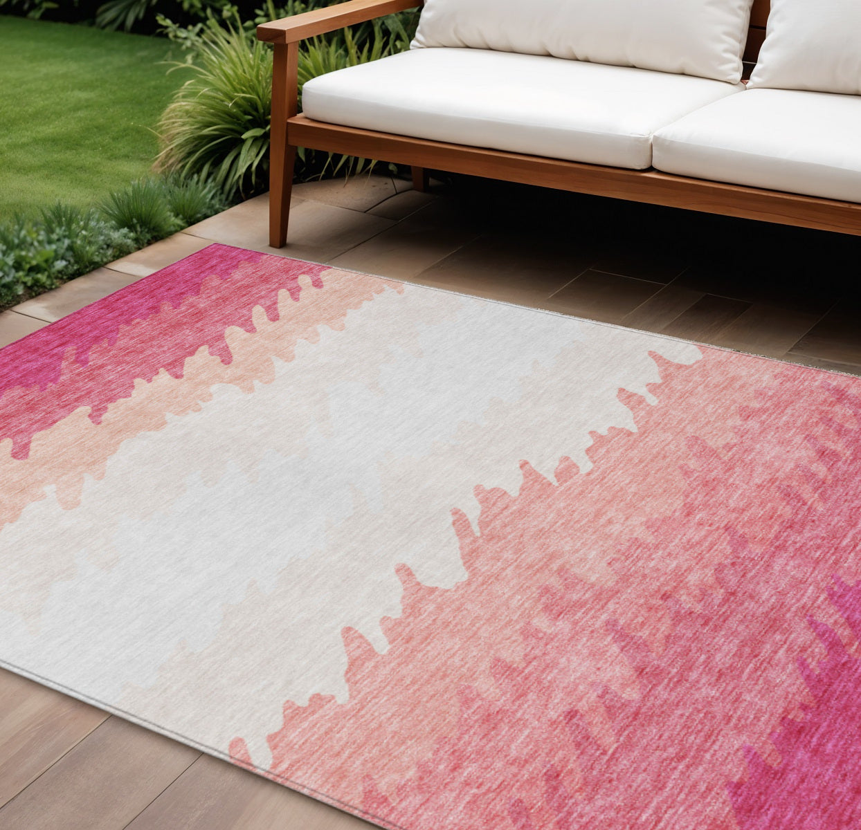 10' X 14' Blush Pink And Ivory Striped Washable Indoor Outdoor Area Rug