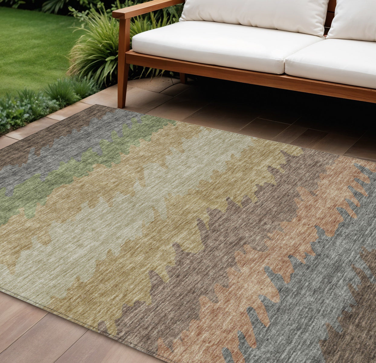 9' X 12' Chocolate Gray And Green Striped Washable Indoor Outdoor Area Rug