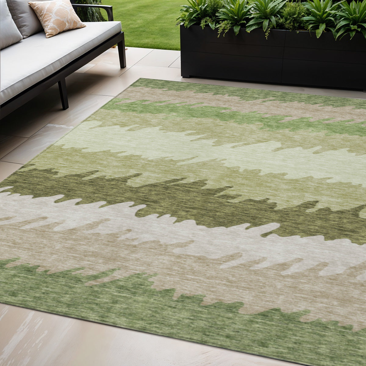 5' X 8' Green And Beige Striped Washable Indoor Outdoor Area Rug