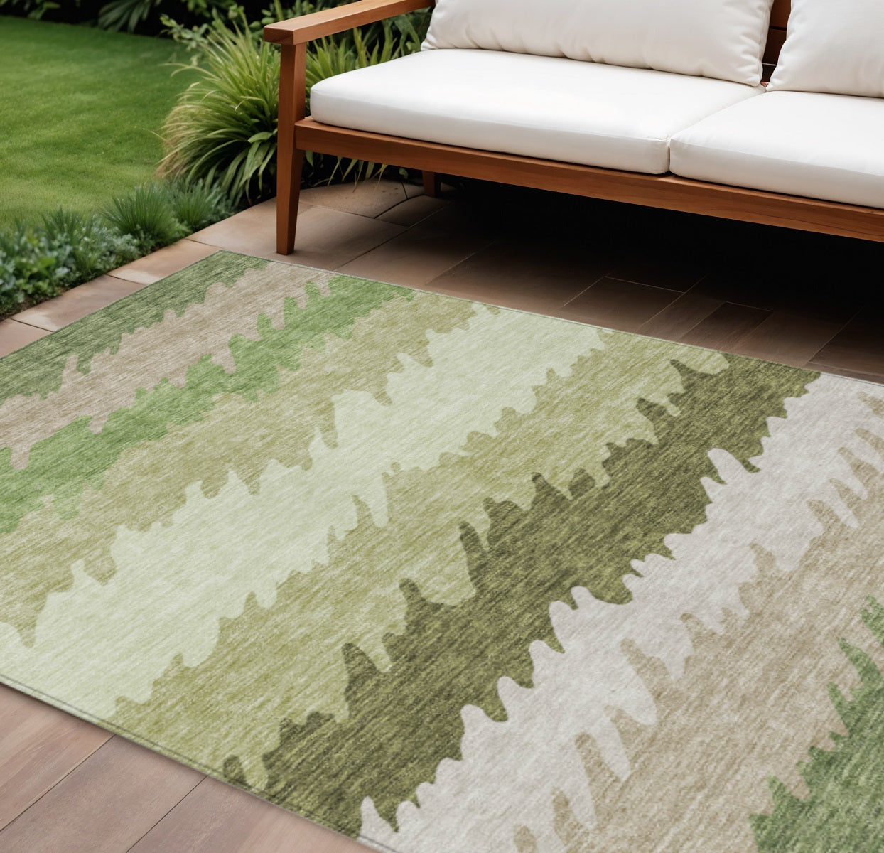 10' X 14' Beige And Olive Green Striped Washable Indoor Outdoor Area Rug