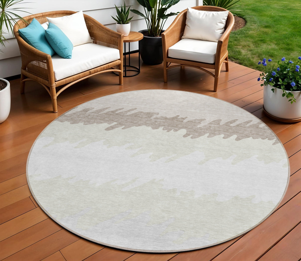 8' Ivory Beige And Taupe Round Striped Washable Indoor Outdoor Area Rug
