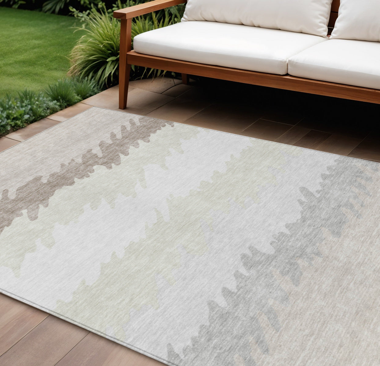 9' X 12' Ivory Beige And Taupe Striped Washable Indoor Outdoor Area Rug