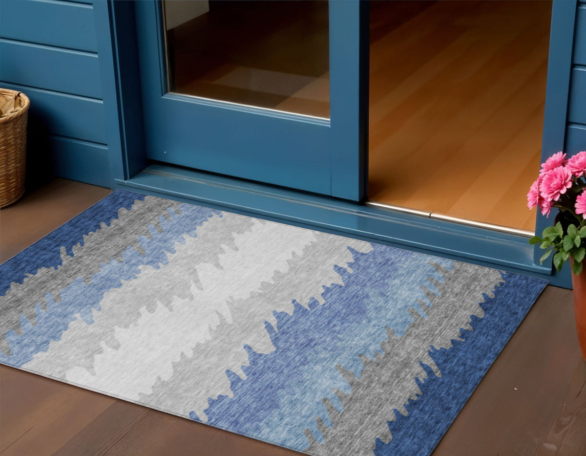 3' X 5' Navy Blue Gray And Silver Striped Washable Indoor Outdoor Area Rug