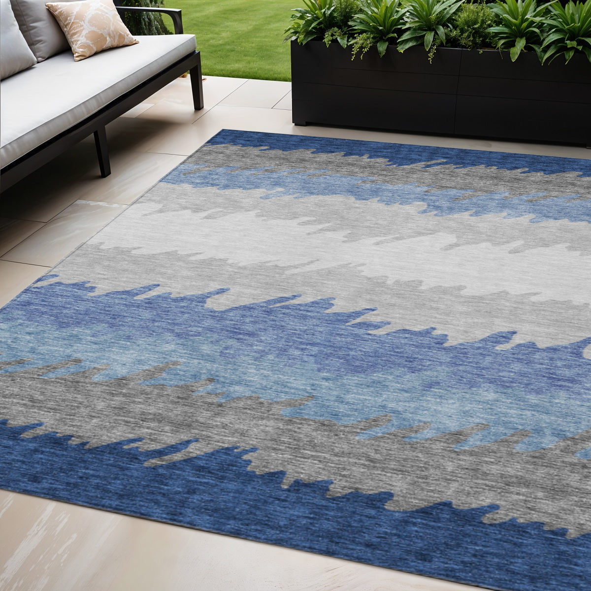 5' X 8' Navy Blue Gray And Silver Striped Washable Indoor Outdoor Area Rug