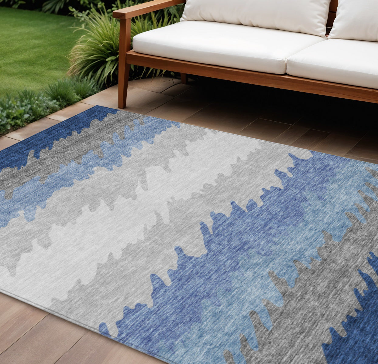 9' X 12' Navy Blue Gray And Silver Striped Washable Indoor Outdoor Area Rug