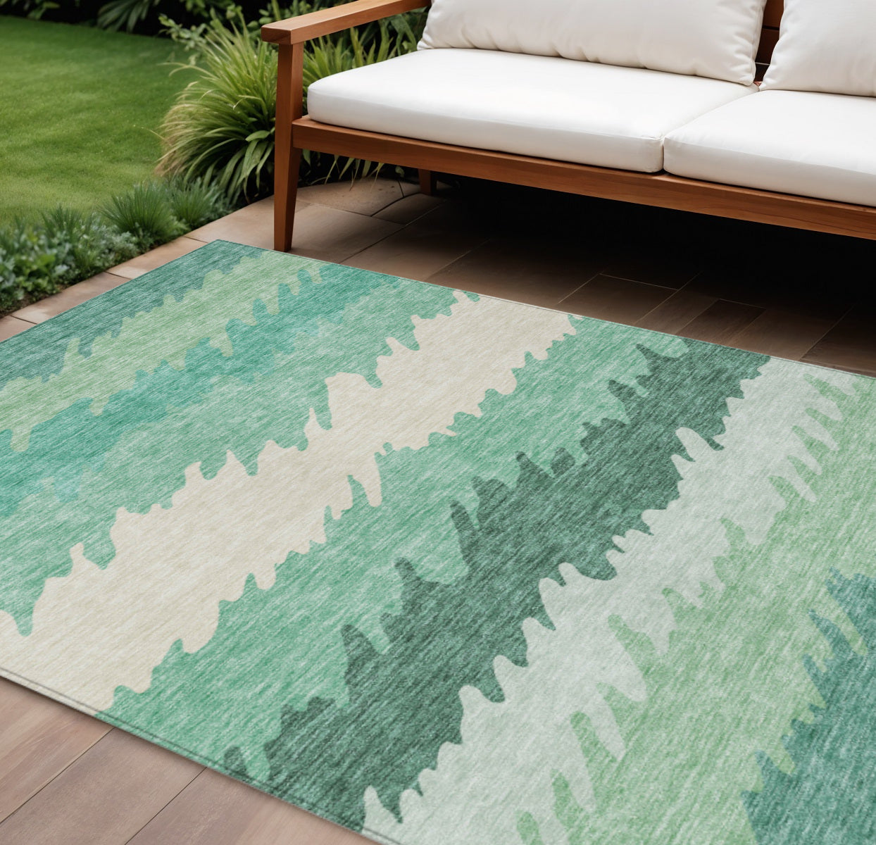 9' X 12' Sage Green And Ivory Striped Washable Indoor Outdoor Area Rug
