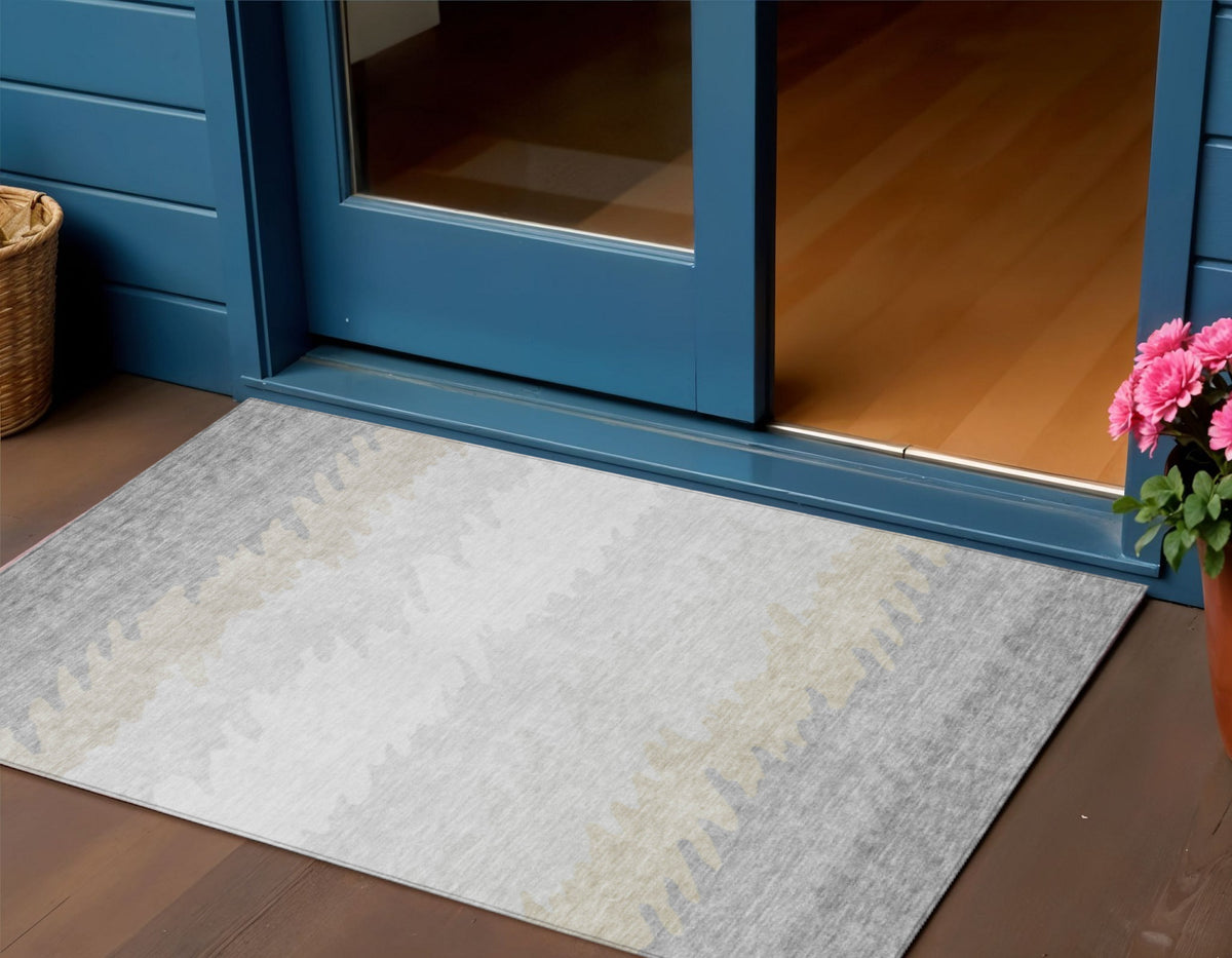 3' X 5' Silver Gray And Beige Striped Washable Indoor Outdoor Area Rug
