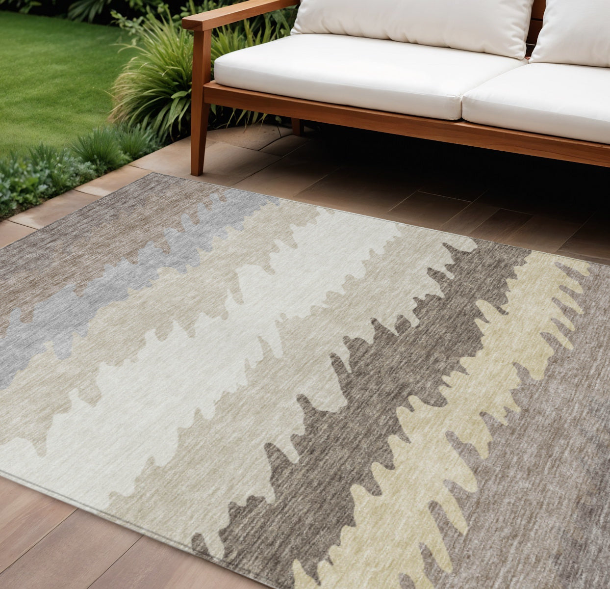 9' X 12' Taupe Brown And Gray Striped Washable Indoor Outdoor Area Rug