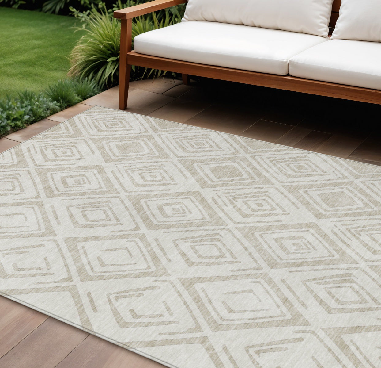 10' X 14' Beige And Ivory Geometric Washable Indoor Outdoor Area Rug