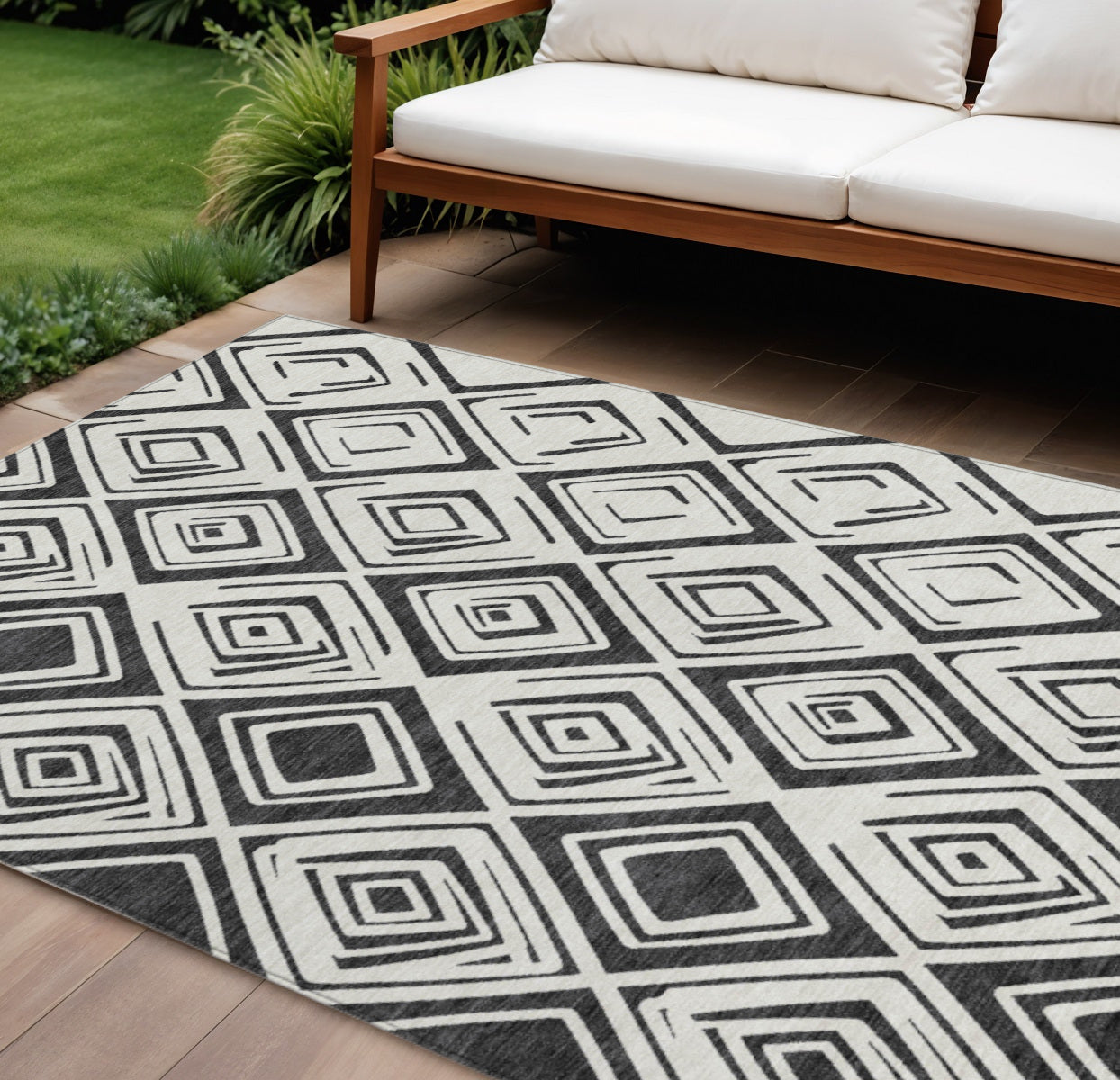 9' X 12' Ivory And Black Geometric Washable Indoor Outdoor Area Rug