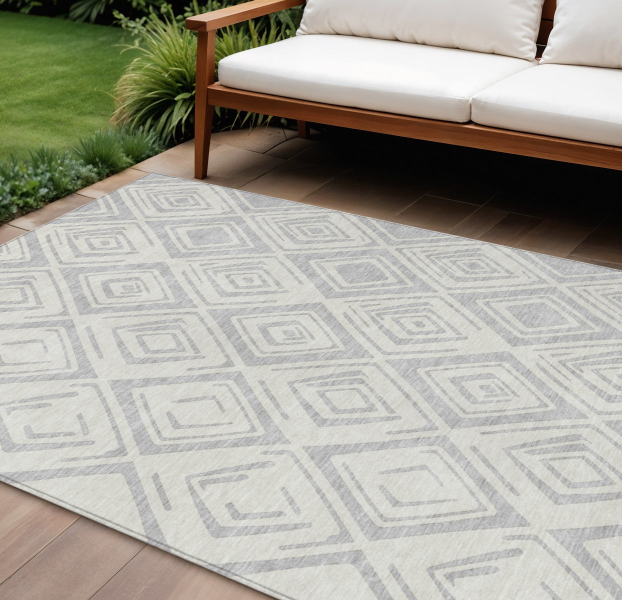 9' X 12' Pewter And Ivory Geometric Washable Indoor Outdoor Area Rug