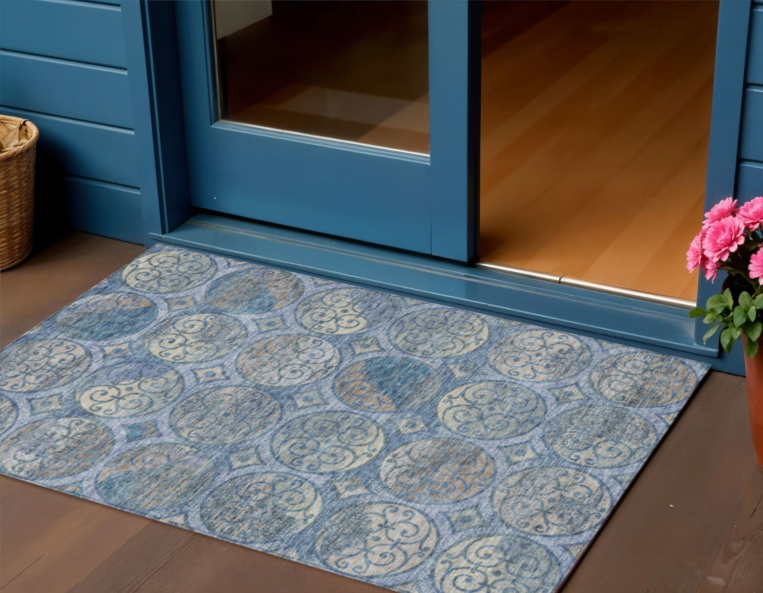 3' X 5' Navy Blue And Sky Blue Trellis Washable Indoor Outdoor Area Rug