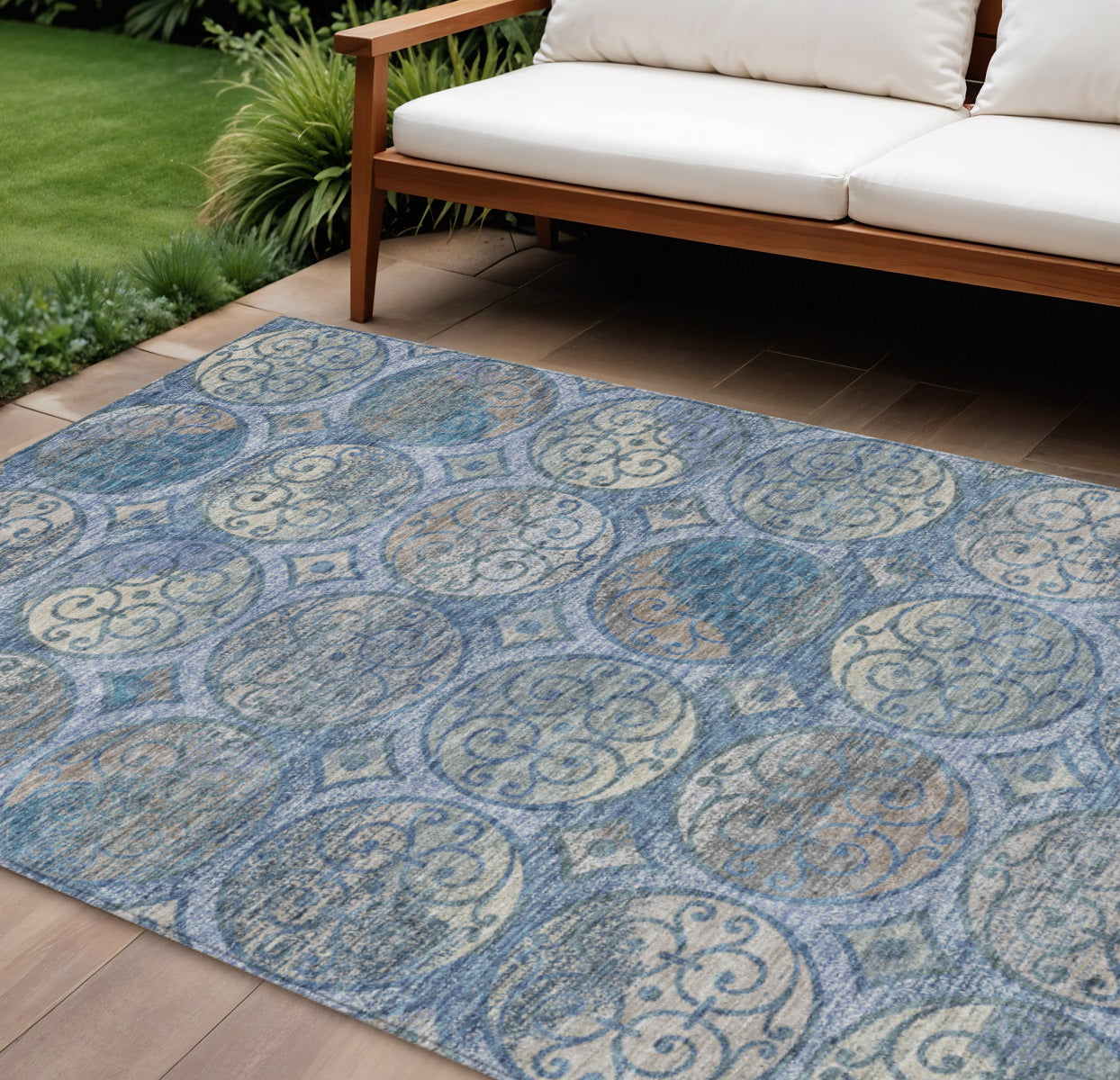 9' X 12' Navy Blue And Sky Blue Trellis Washable Indoor Outdoor Area Rug