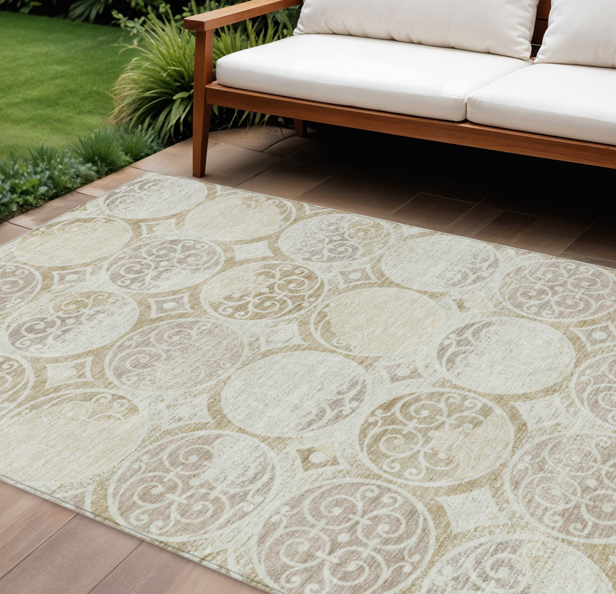9' X 12' Ivory Beige And Taupe Trellis Washable Indoor Outdoor Area Rug