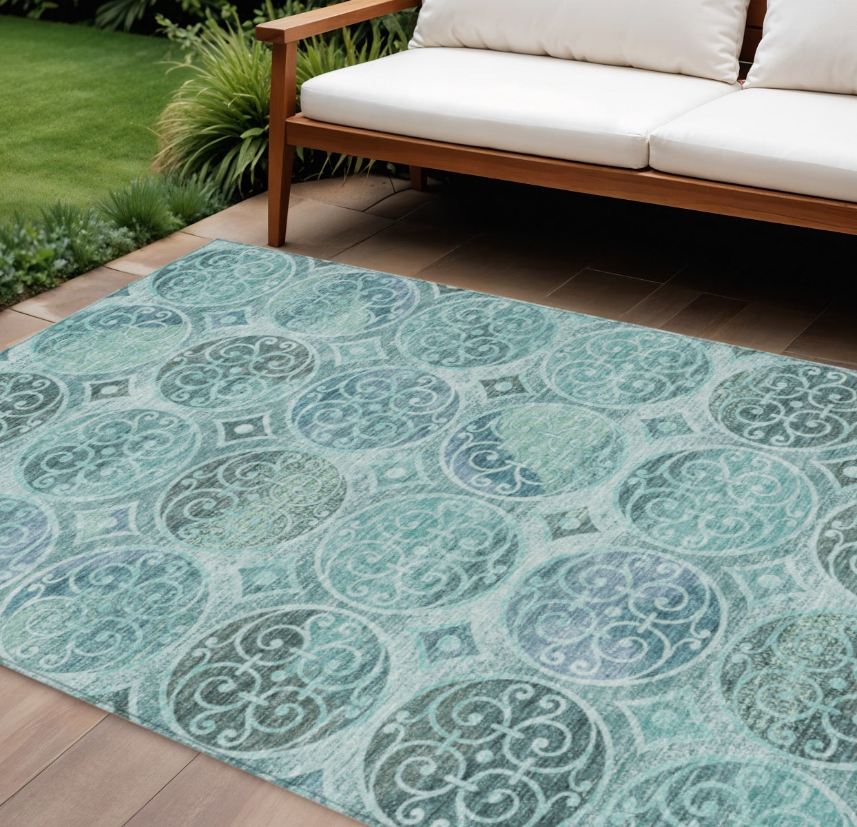 9' X 12' Teal Blue And Aqua Trellis Washable Indoor Outdoor Area Rug