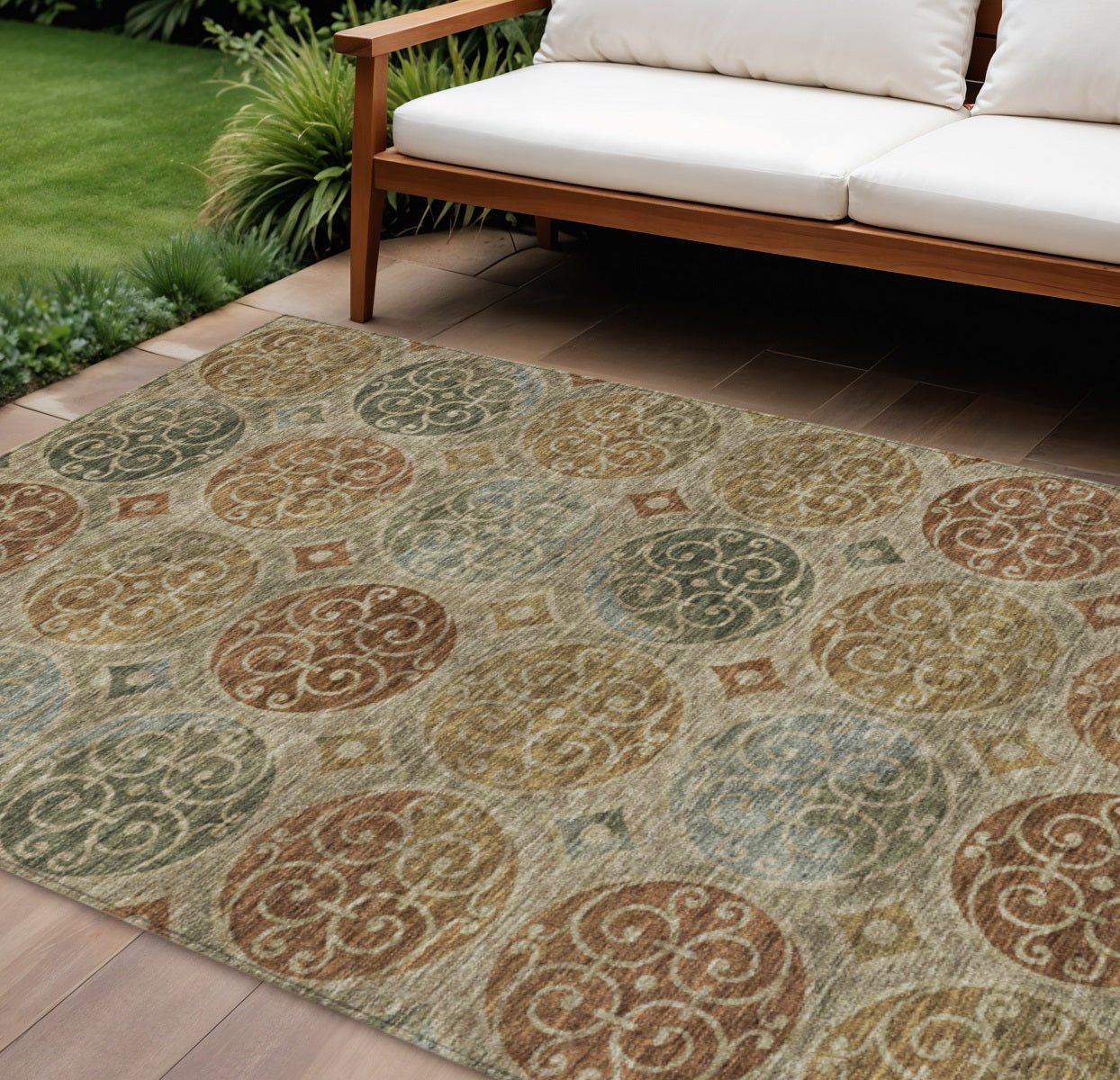 9' X 12' Taupe Green And Gold Trellis Washable Indoor Outdoor Area Rug