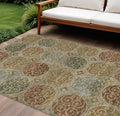 10' X 14' Taupe Green And Gold Trellis Washable Indoor Outdoor Area Rug