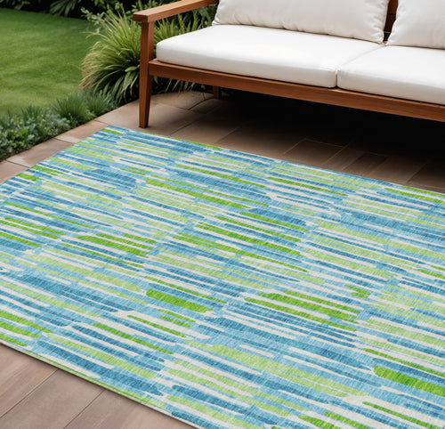 10' X 14' Aqua Teal Blue And Lime Green Abstract Washable Indoor Outdoor Area Rug