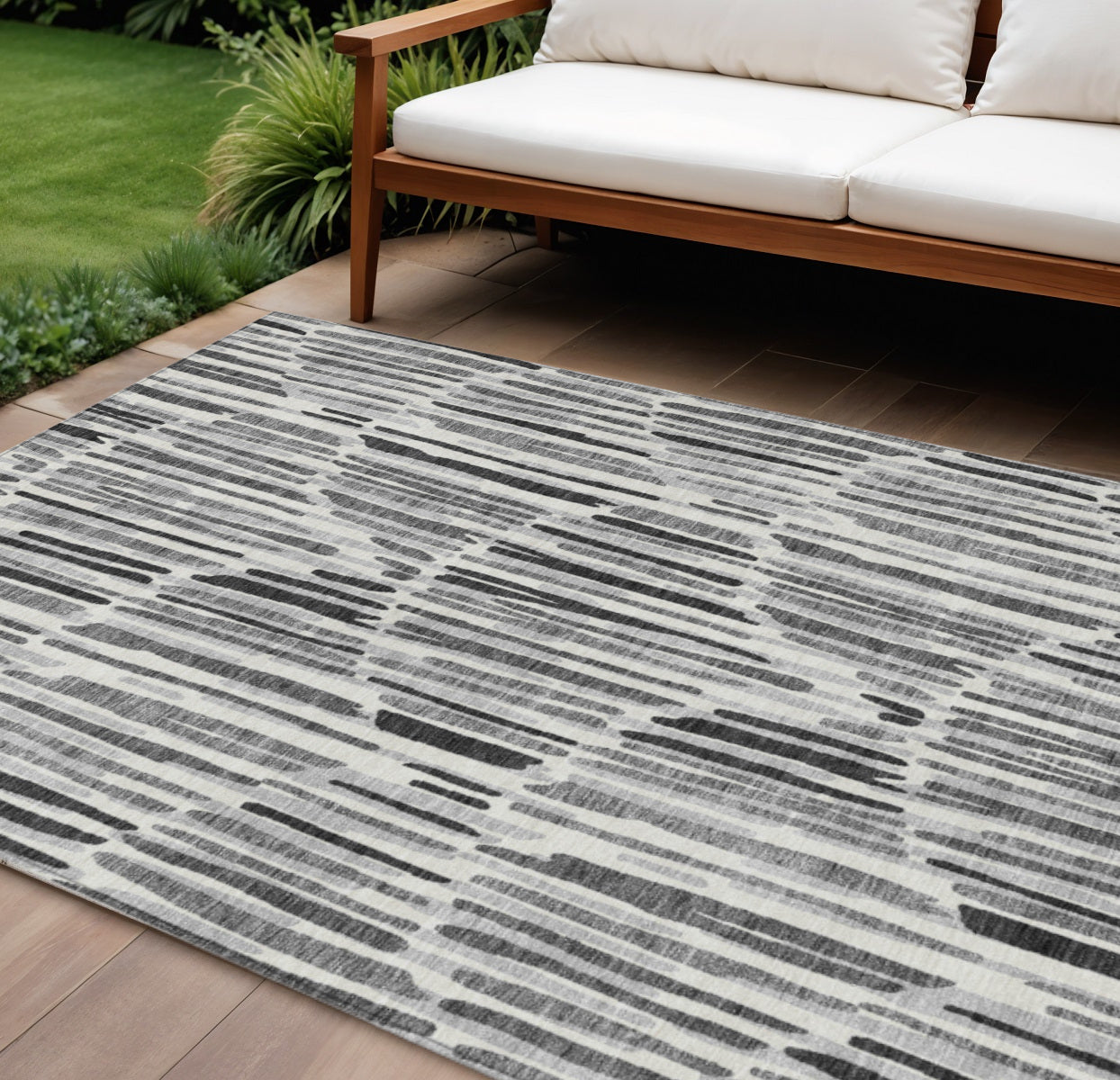 9' X 12' Gray Ivory And Charcoal Abstract Washable Indoor Outdoor Area Rug