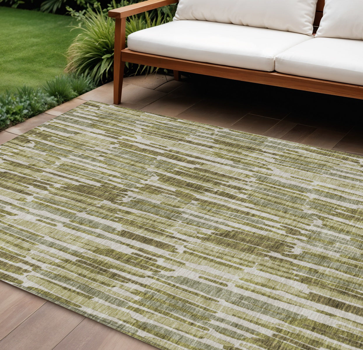 9' X 12' Olive Green Brown And Beige Abstract Washable Indoor Outdoor Area Rug