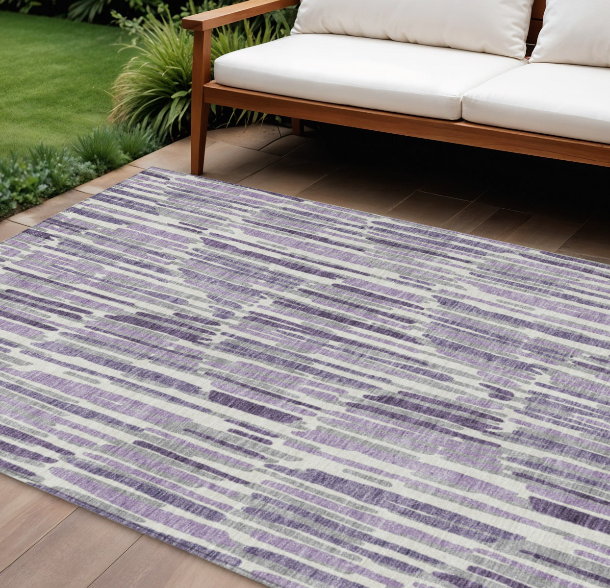 9' X 12' Purple Ivory And Lavender Abstract Washable Indoor Outdoor Area Rug