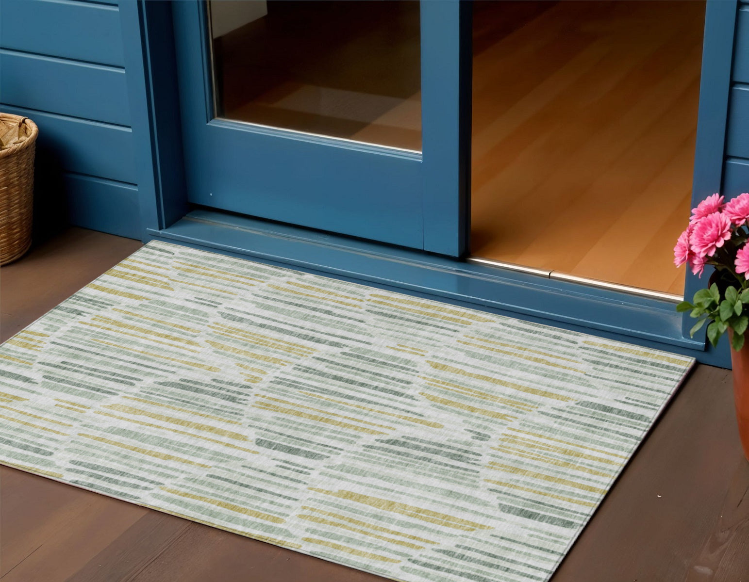 3' X 5' Sage Artichoke Green And Gold Abstract Washable Indoor Outdoor Area Rug