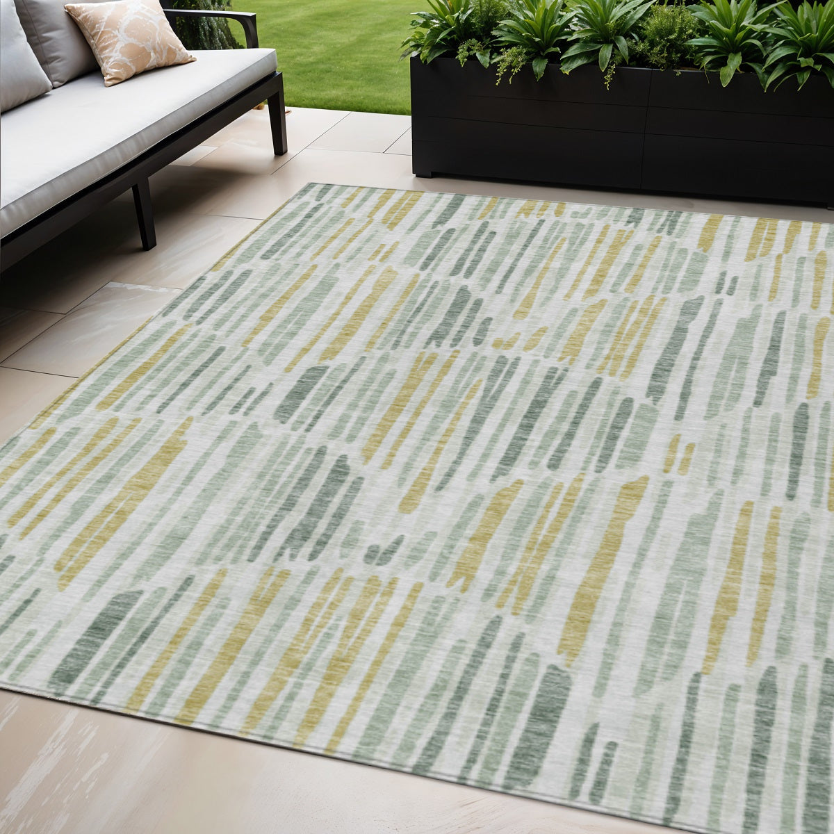 5' X 8' Sage Artichoke Green And Gold Abstract Washable Indoor Outdoor Area Rug