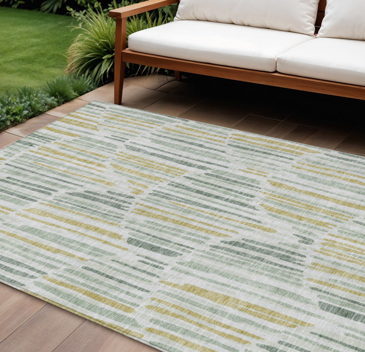9' X 12' Sage Artichoke Green And Gold Abstract Washable Indoor Outdoor Area Rug
