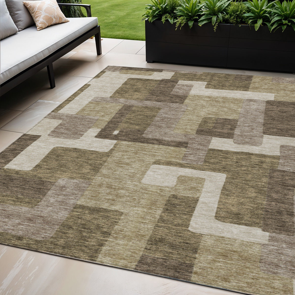 5' X 8' Brown And Beige Abstract Washable Indoor Outdoor Area Rug