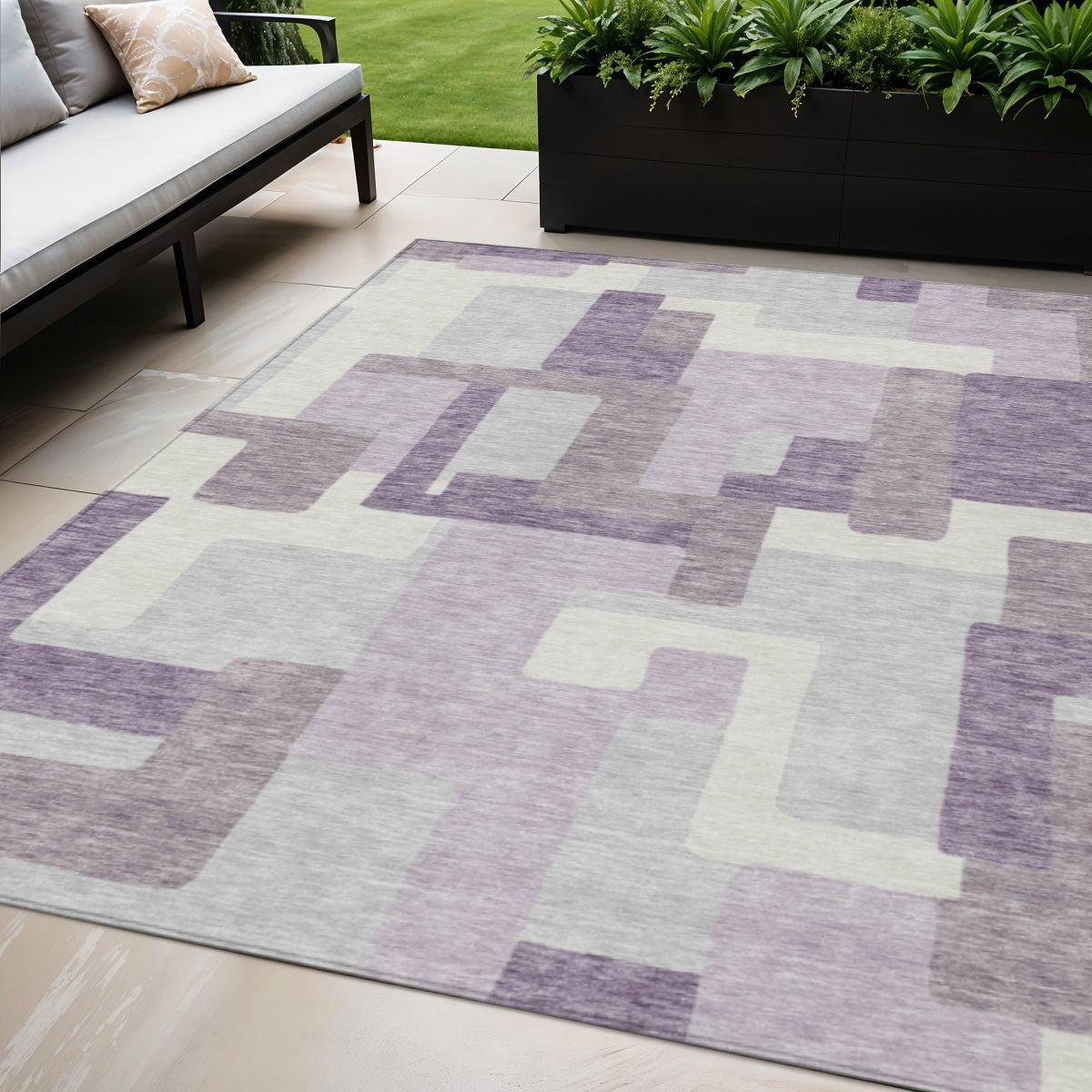 5' X 8' Lavender Purple And Ivory Abstract Washable Indoor Outdoor Area Rug