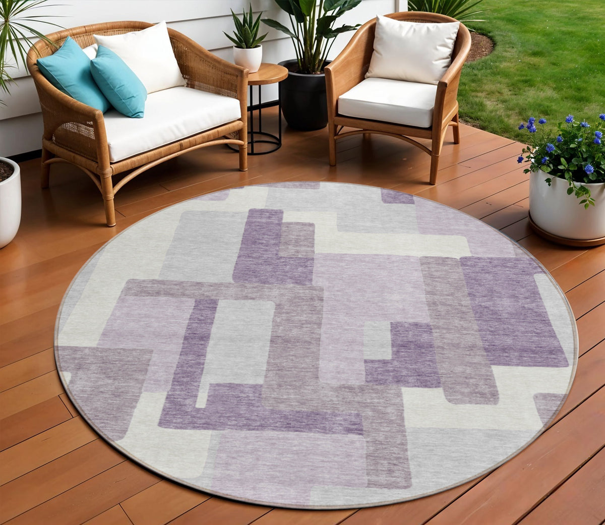 8' Lavender Purple And Ivory Round Abstract Washable Indoor Outdoor Area Rug