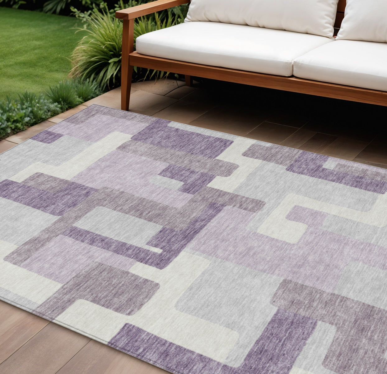 9' X 12' Lavender Purple And Ivory Abstract Washable Indoor Outdoor Area Rug