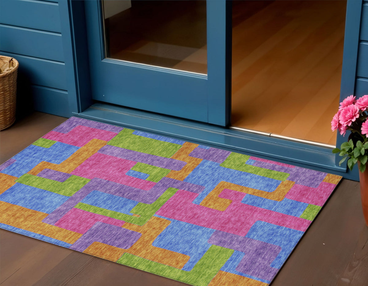 3' X 5' Purple Pink And Blue Abstract Washable Indoor Outdoor Area Rug