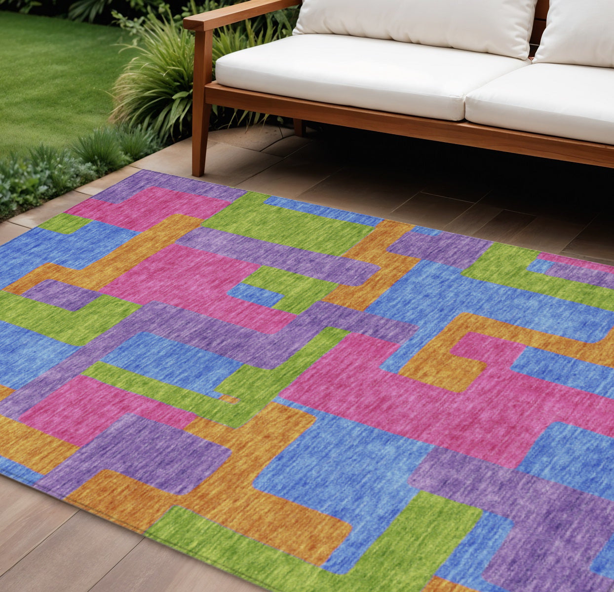 9' X 12' Purple Pink And Blue Abstract Washable Indoor Outdoor Area Rug
