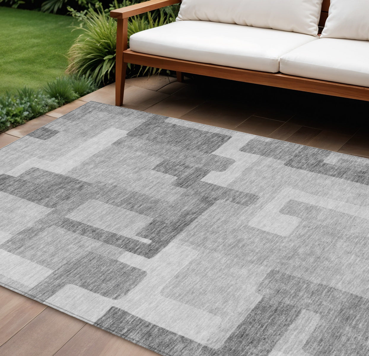 9' X 12' Silver And Charcoal Abstract Washable Indoor Outdoor Area Rug