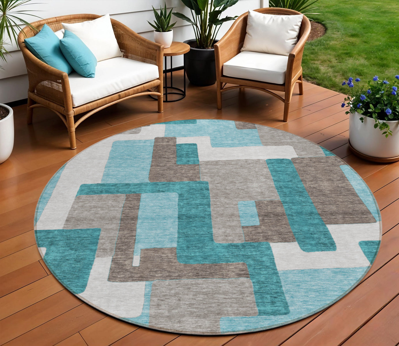 8' Teal Blue Aqua And Beige Round Abstract Washable Indoor Outdoor Area Rug