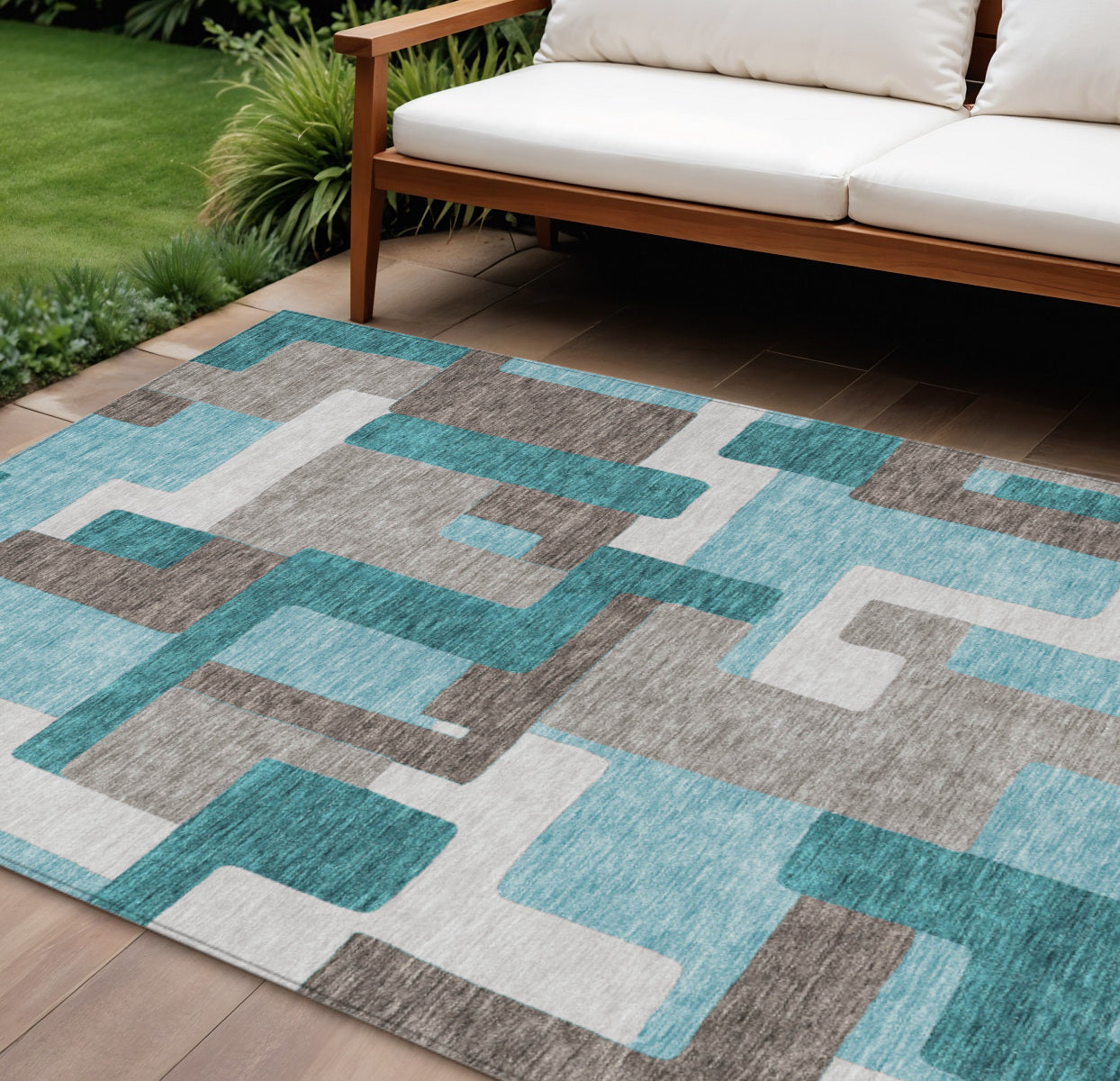 9' X 12' Teal Blue Aqua And Beige Abstract Washable Indoor Outdoor Area Rug