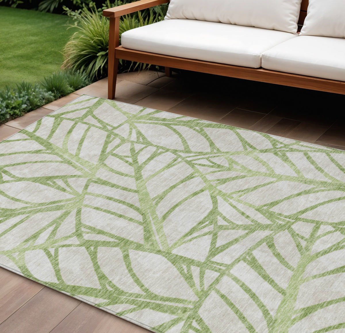 9' X 12' Artichoke Green And Beige Floral Washable Indoor Outdoor Area Rug