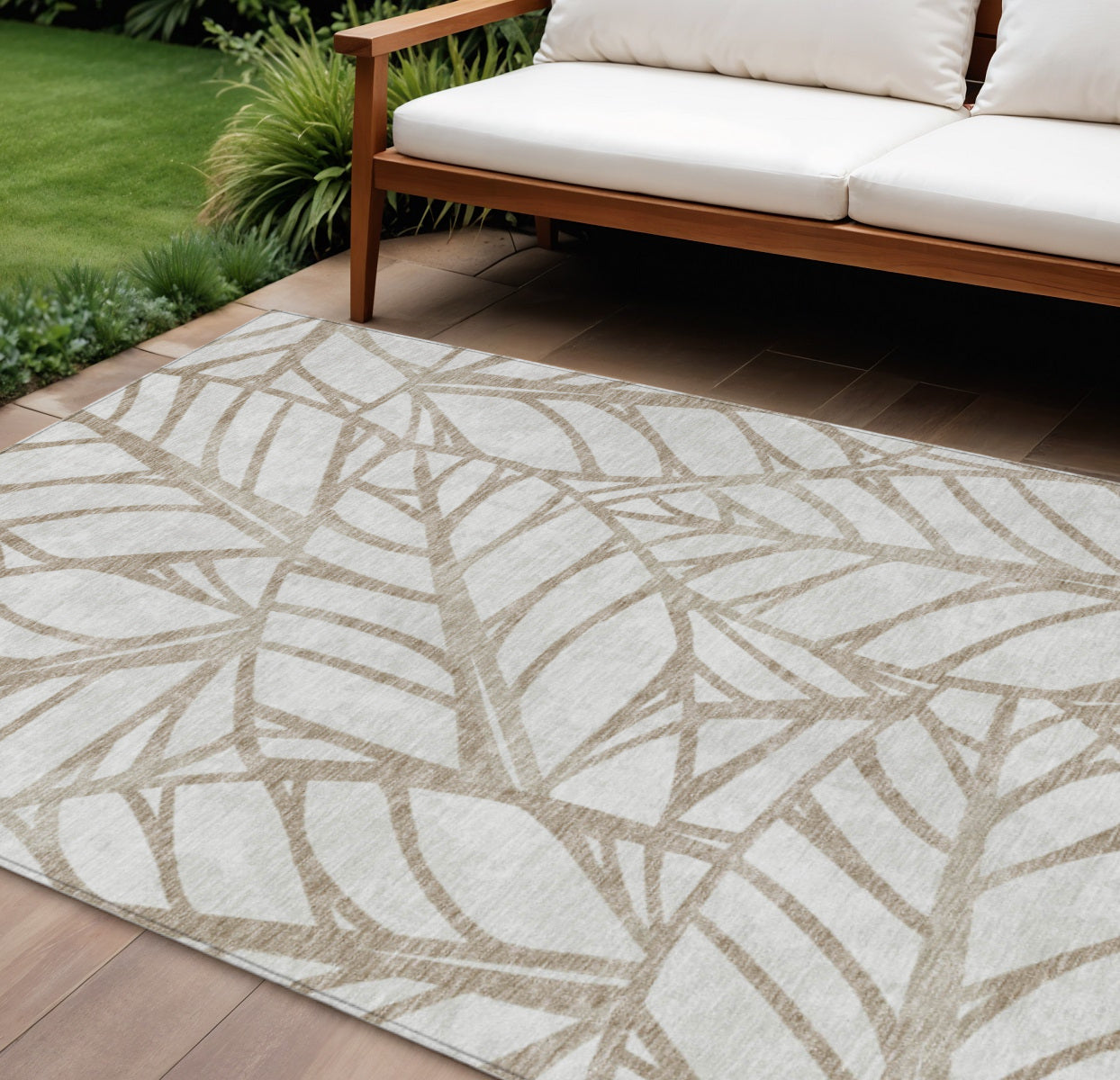 10' X 14' Beige And Brown Floral Washable Indoor Outdoor Area Rug