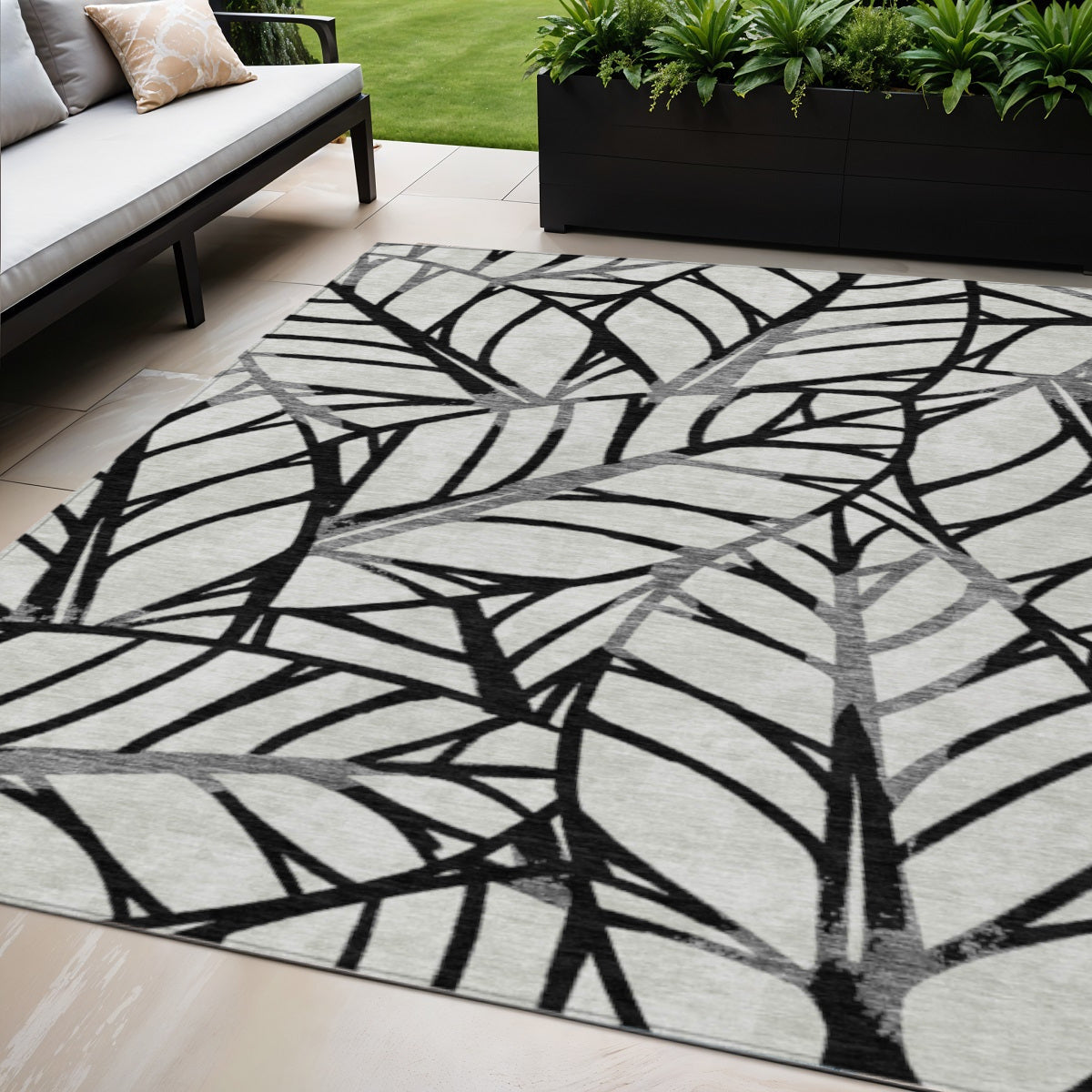 5' X 8' Black Gray And Beige Floral Washable Indoor Outdoor Area Rug