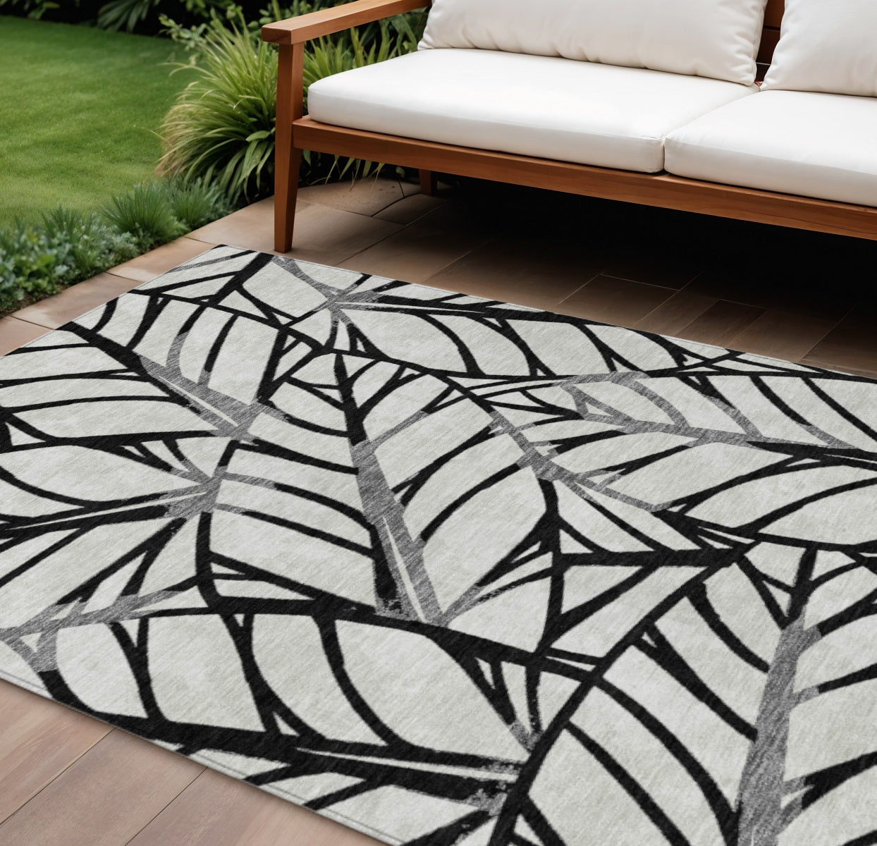 8' X 10' Black Gray And Beige Floral Washable Indoor Outdoor Area Rug