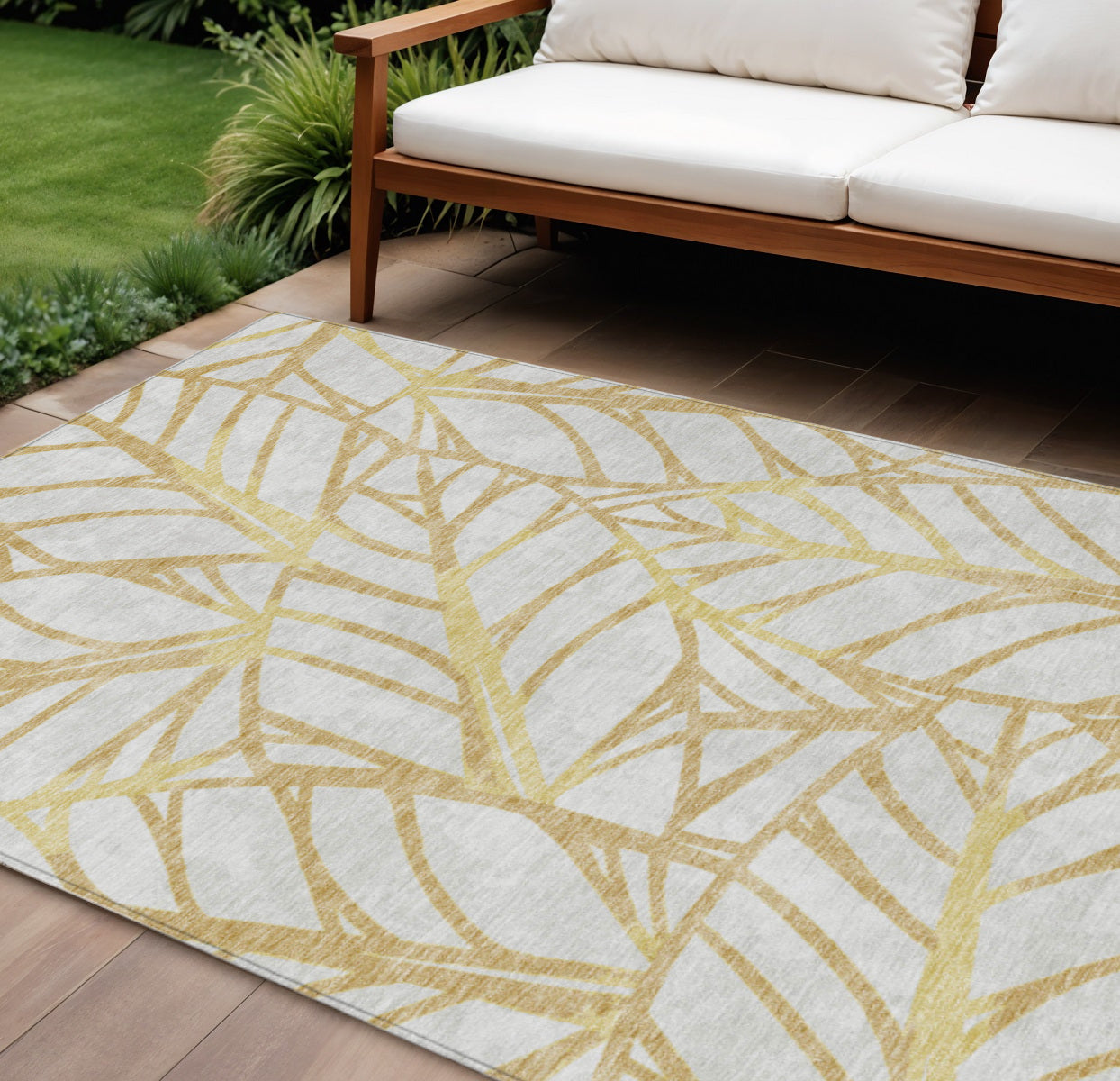9' X 12' Gold And Beige Floral Washable Indoor Outdoor Area Rug